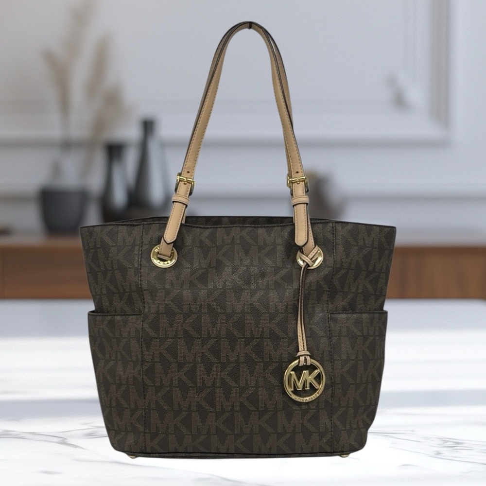 Michael Kors Jet Set Signature East West Brown Monogram Shoulder Bag Tote Purse